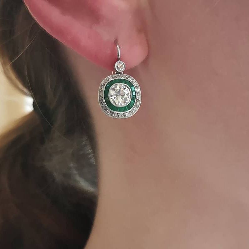 Double Halo Round Cut Emerald & White Sapphire Drop Earrings For Women Belovegrace