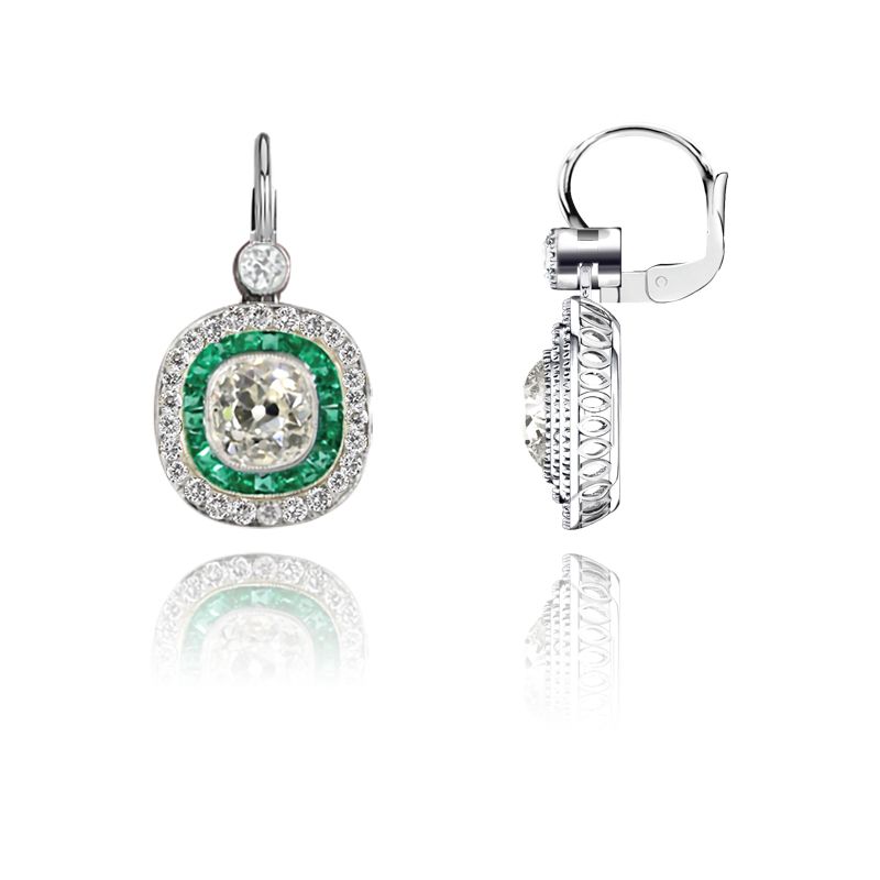 Double Halo Round Cut Emerald & White Sapphire Drop Earrings For Women Belovegrace