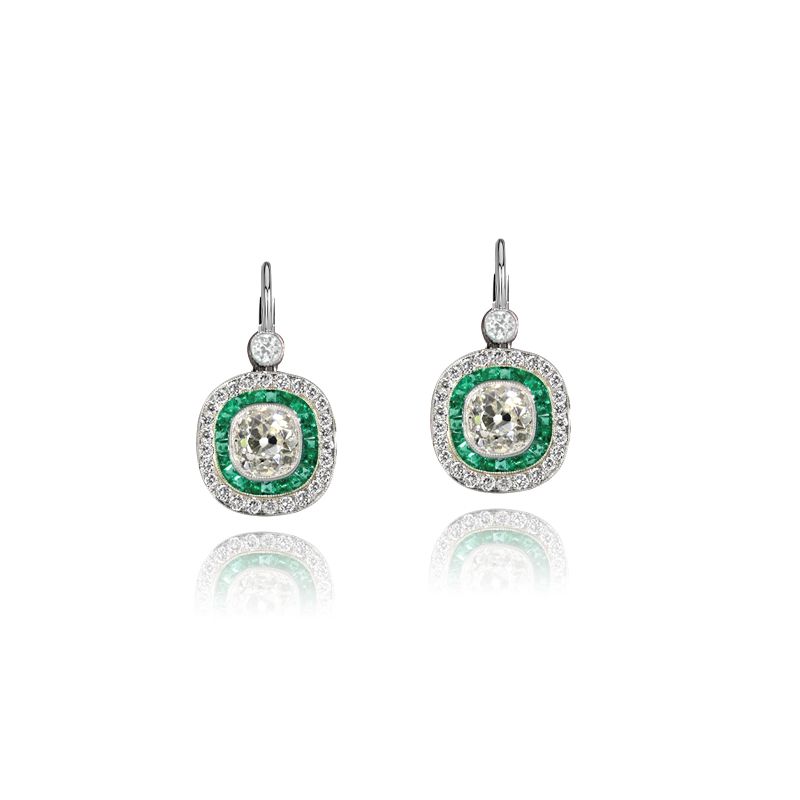 Double Halo Round Cut Emerald & White Sapphire Drop Earrings For Women Belovegrace