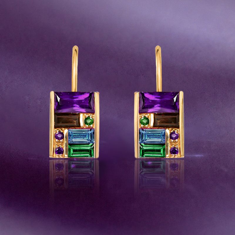 Golden Baguette Cut Purple & Emerald & Blue Sapphire Drop Earrings For Women Belovegrace
