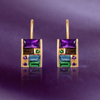 Golden Baguette Cut Purple & Emerald & Blue Sapphire Drop Earrings For Women Belovegrace