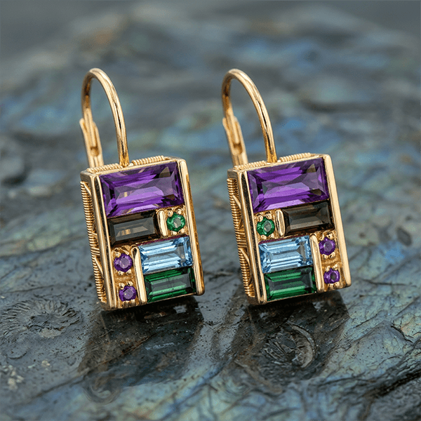 Unique Design Yellow Gold Baguette & Round Cut Amethyst & Emerald & Blue Sapphire Drop Earrings For Women