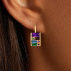 Golden Baguette Cut Purple & Emerald & Blue Sapphire Drop Earrings For Women Belovegrace