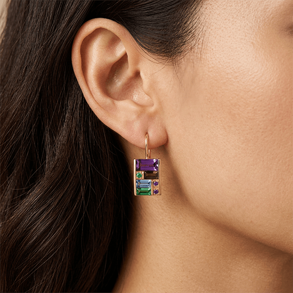 Unique Design Yellow Gold Baguette & Round Cut Amethyst & Emerald & Blue Sapphire Drop Earrings For Women