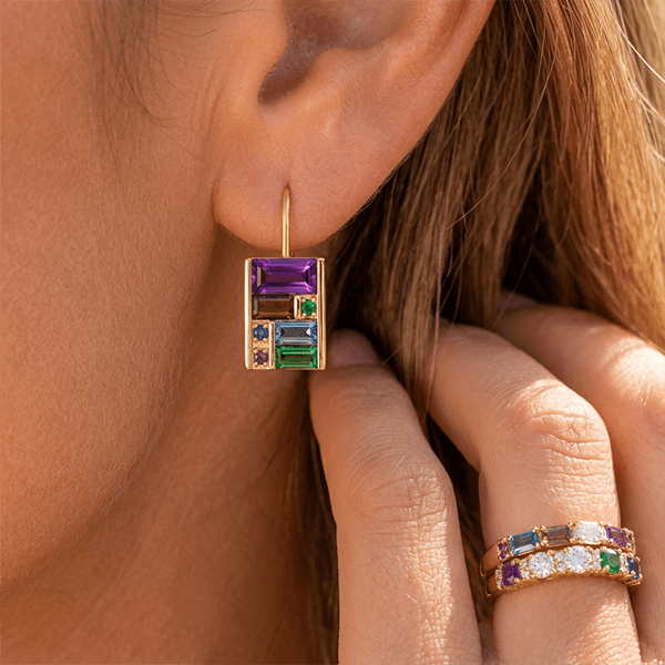 Unique Design Yellow Gold Baguette & Round Cut Amethyst & Emerald & Blue Sapphire Drop Earrings For Women