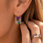 Unique Design Yellow Gold Baguette & Round Cut Amethyst & Emerald & Blue Sapphire Drop Earrings For Women