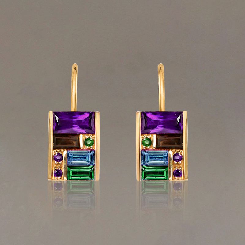 Golden Baguette Cut Purple & Emerald & Blue Sapphire Drop Earrings For Women Belovegrace