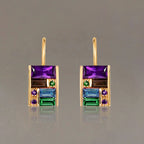 Golden Baguette Cut Purple & Emerald & Blue Sapphire Drop Earrings For Women Belovegrace