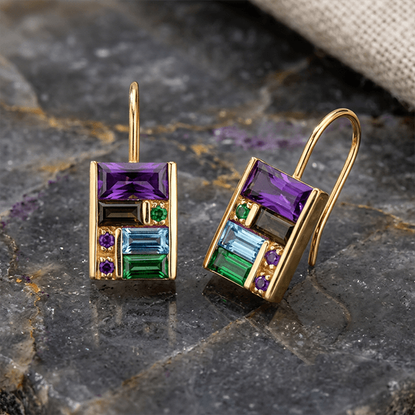 Unique Design Yellow Gold Baguette & Round Cut Amethyst & Emerald & Blue Sapphire Drop Earrings For Women