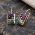 Unique Design Yellow Gold Baguette & Round Cut Amethyst & Emerald & Blue Sapphire Drop Earrings For Women