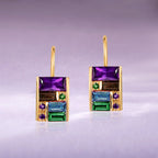 Golden Baguette Cut Purple & Emerald & Blue Sapphire Drop Earrings For Women Belovegrace
