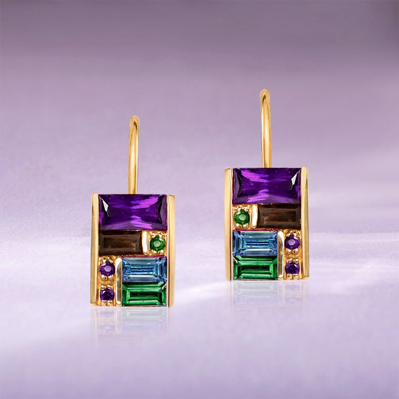 Golden Baguette Cut Purple & Emerald & Blue Sapphire Drop Earrings For Women Belovegrace