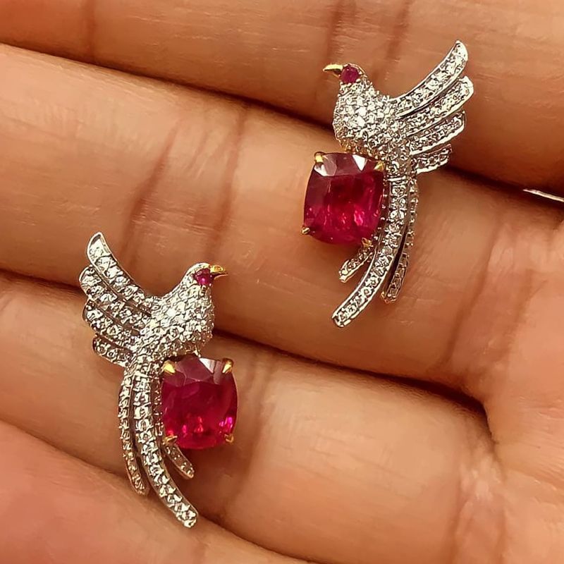 Two Tone Unique Bird Design Cushion Cut Ruby Stud Earrings For Women Belovegrace