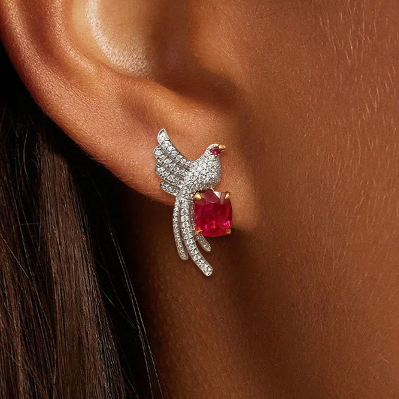 Two Tone Unique Bird Design Cushion Cut Ruby Stud Earrings For Women Belovegrace