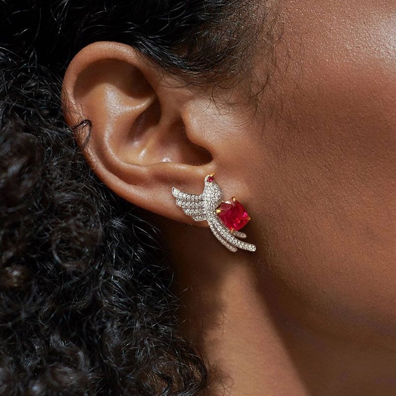Two Tone Unique Bird Design Cushion Cut Ruby Stud Earrings For Women Belovegrace