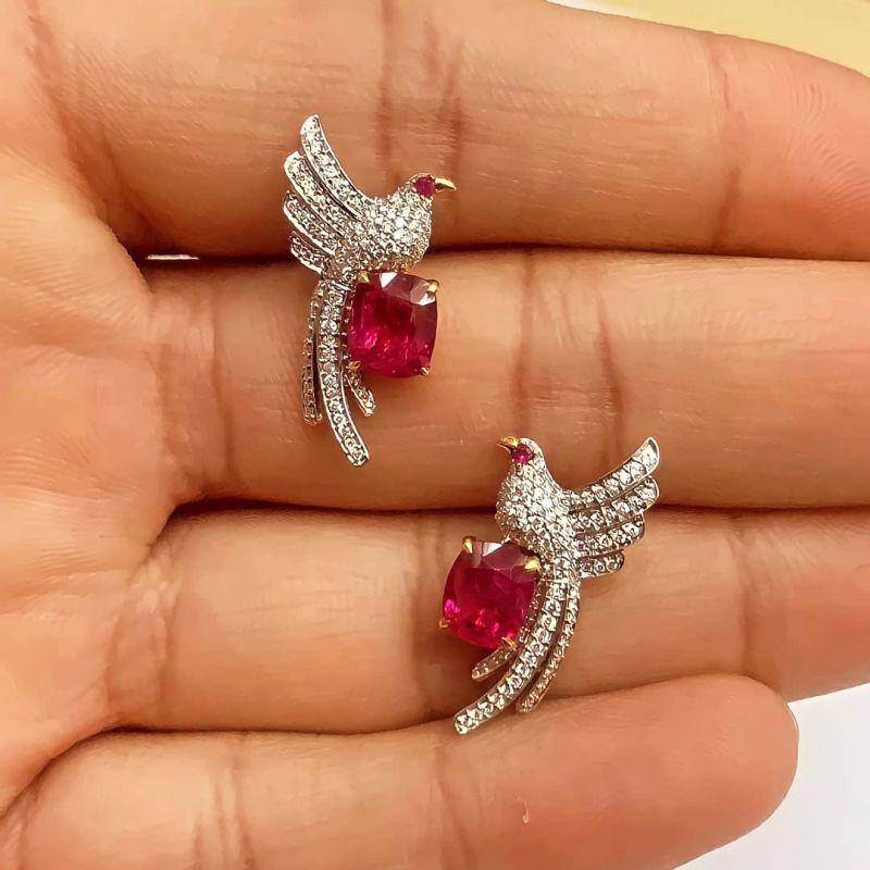 Two Tone Unique Bird Design Cushion Cut Ruby Stud Earrings For Women Belovegrace