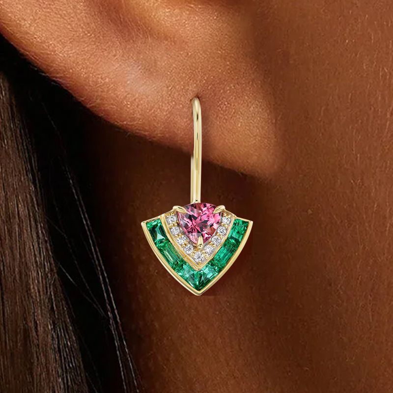 Golden Multi-Cut Pink & White & Emerald Sapphire Tiered Drop Earrings For Women Belovegrace