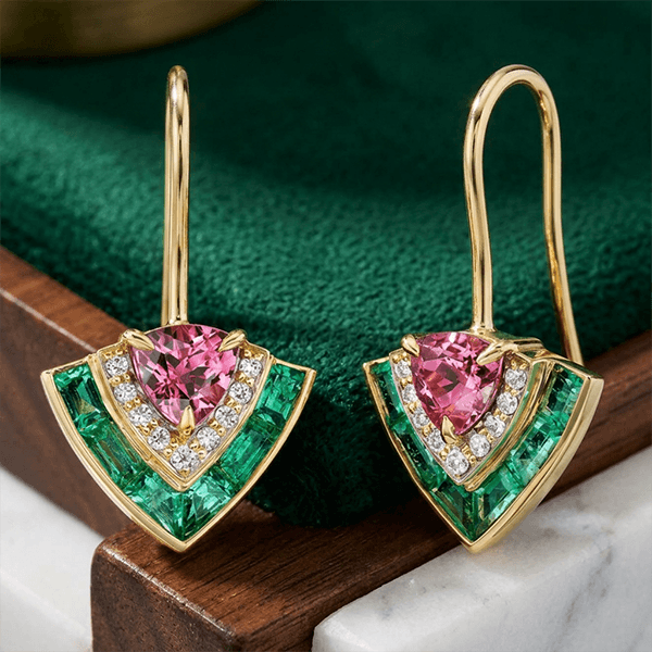 Art Deco Multi-Cut Pink & White & Emerald Sapphire Drop Earrings For Women