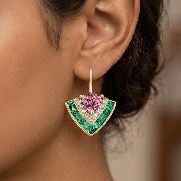 Art Deco Multi-Cut Pink & White & Emerald Sapphire Drop Earrings For Women