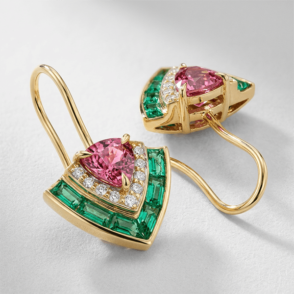 Art Deco Multi-Cut Pink & White & Emerald Sapphire Drop Earrings For Women