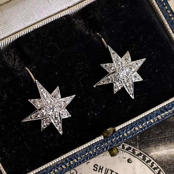 Antique Star Design White Sapphire Round Cut Drop Earrings For Women Belovegrace