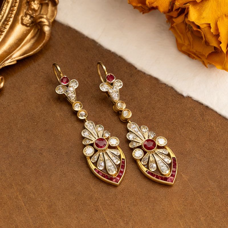 Two Tone Bezel Ruby & White Sapphire Round & Baguette Cut Drop Earrings For Women Belovegrace