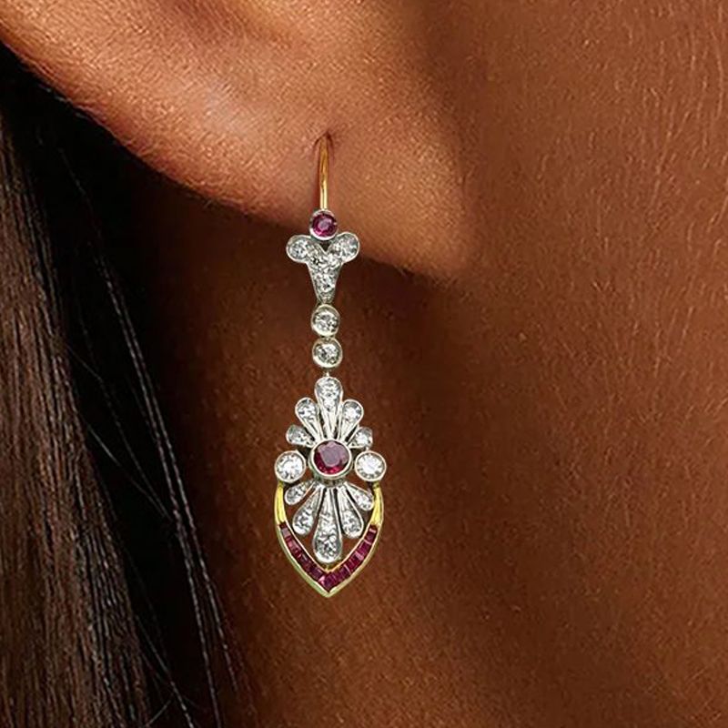 Two Tone Bezel Ruby & White Sapphire Round & Baguette Cut Drop Earrings For Women Belovegrace
