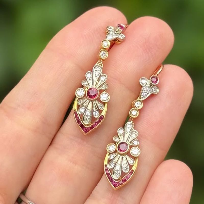 Two Tone Bezel Ruby & White Sapphire Round & Baguette Cut Drop Earrings For Women Belovegrace