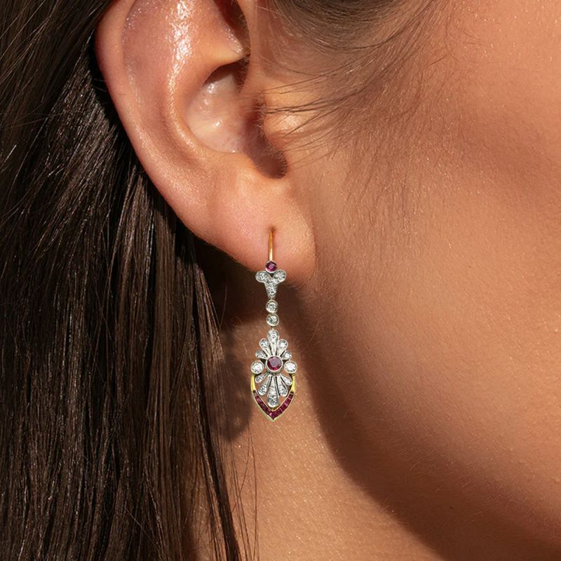 Two Tone Bezel Ruby & White Sapphire Round & Baguette Cut Drop Earrings For Women Belovegrace