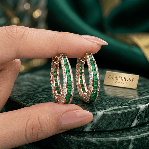 Channel Set Round & Baguette Cut Emerald Green Sapphire Hoop Earrings For Women