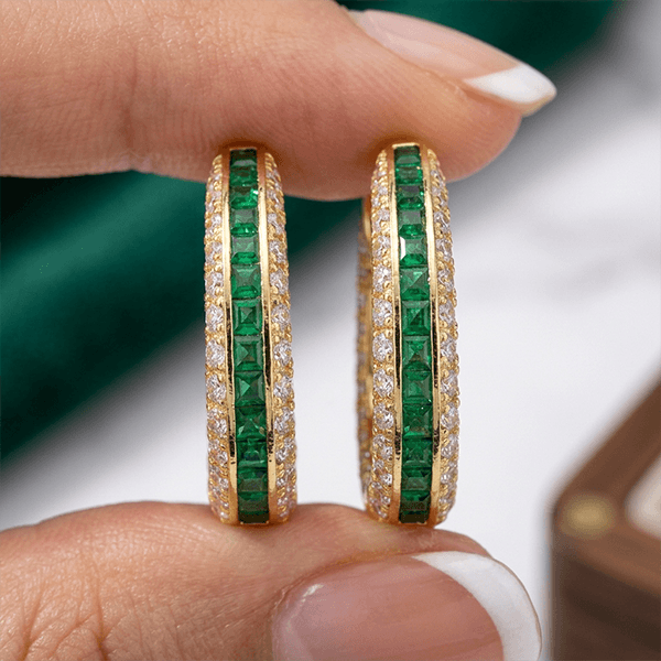 Channel Set Round & Baguette Cut Emerald Green Sapphire Hoop Earrings For Women