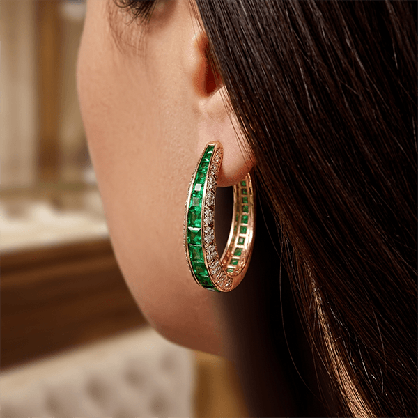 Channel Set Round & Baguette Cut Emerald Green Sapphire Hoop Earrings For Women