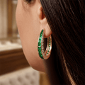 Channel Setting Yellow Gold Triple Row Baguette Cut Emerald Sapphire Hoop Earrings For Women