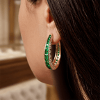 Channel Set Round & Baguette Cut Emerald Green Sapphire Hoop Earrings For Women