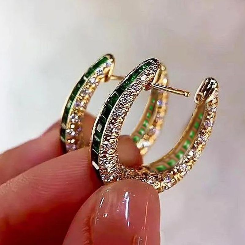 Golden Round & Emerald Cut Emerald Sapphire Hoop Earrings For Women Belovegrace