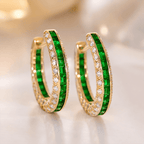 Channel Set Round & Baguette Cut Emerald Green Sapphire Hoop Earrings For Women
