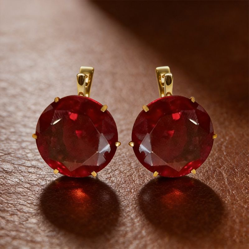 Golden Solitaire Ruby Sapphire Round Cut Drop Earrings For Women Belovegrace