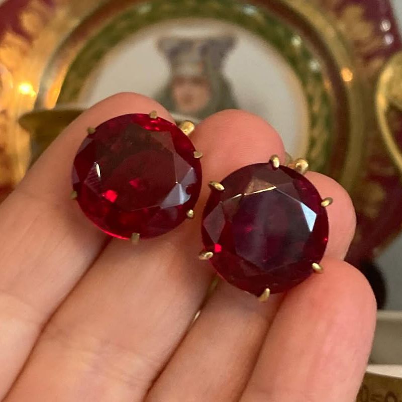 Golden Solitaire Ruby Sapphire Round Cut Drop Earrings For Women Belovegrace