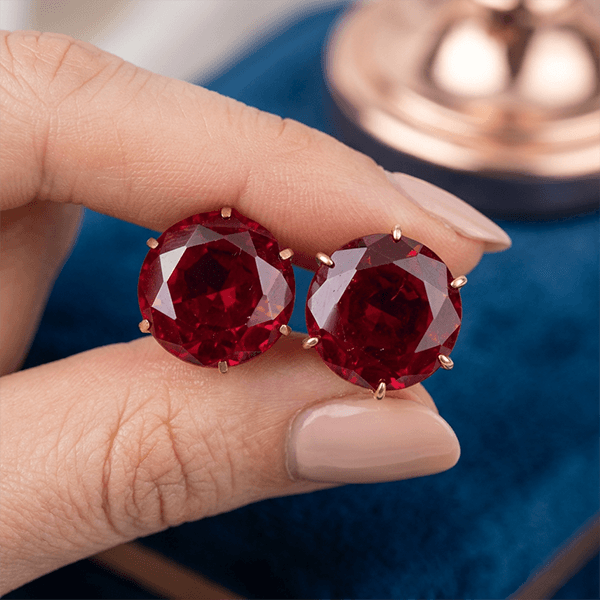 Solitaire Ruby Sapphire Round Cut Yellow Gold Stud Earrings For Women