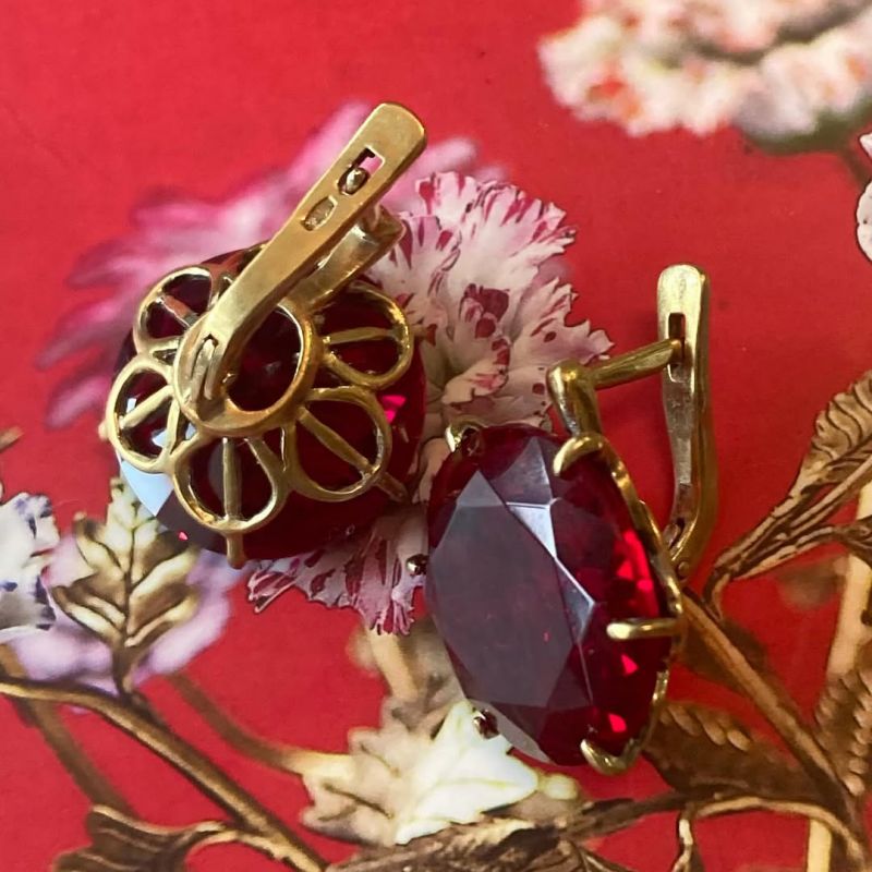 Golden Solitaire Ruby Sapphire Round Cut Drop Earrings For Women Belovegrace