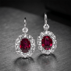Vintage Halo Oval Cut Lab Created Ruby Dangle Drop Earrings For Women