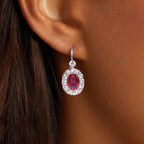 Antique Halo Oval Cut Ruby & White Sapphire Drop Earrings For Women Belovegrace