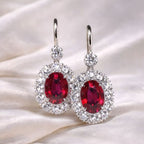 Antique Halo Oval Cut Ruby & White Sapphire Drop Earrings For Women Belovegrace