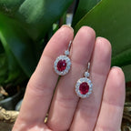 Antique Halo Oval Cut Ruby & White Sapphire Drop Earrings For Women Belovegrace