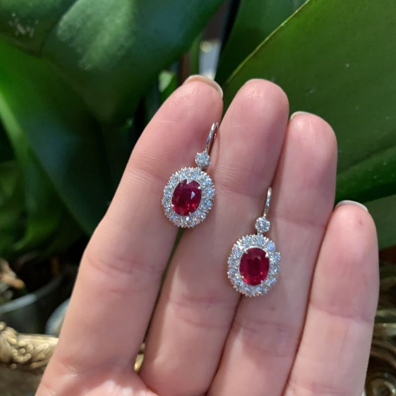 Antique Halo Oval Cut Ruby & White Sapphire Drop Earrings For Women Belovegrace