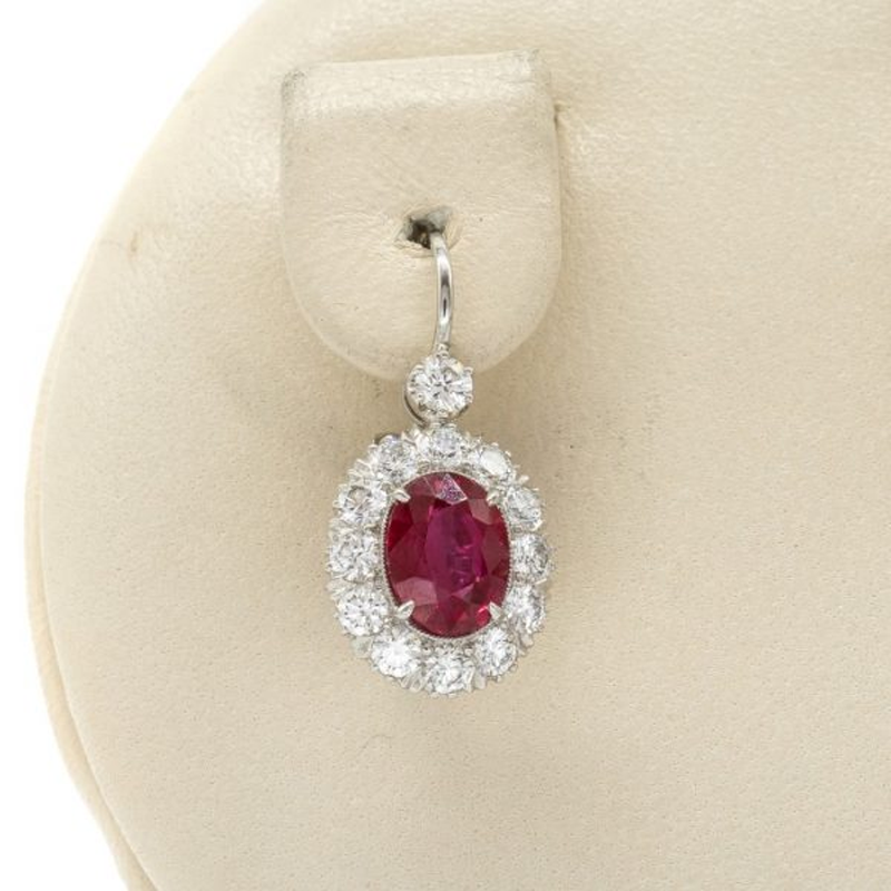Antique Halo Oval Cut Ruby & White Sapphire Drop Earrings For Women Belovegrace