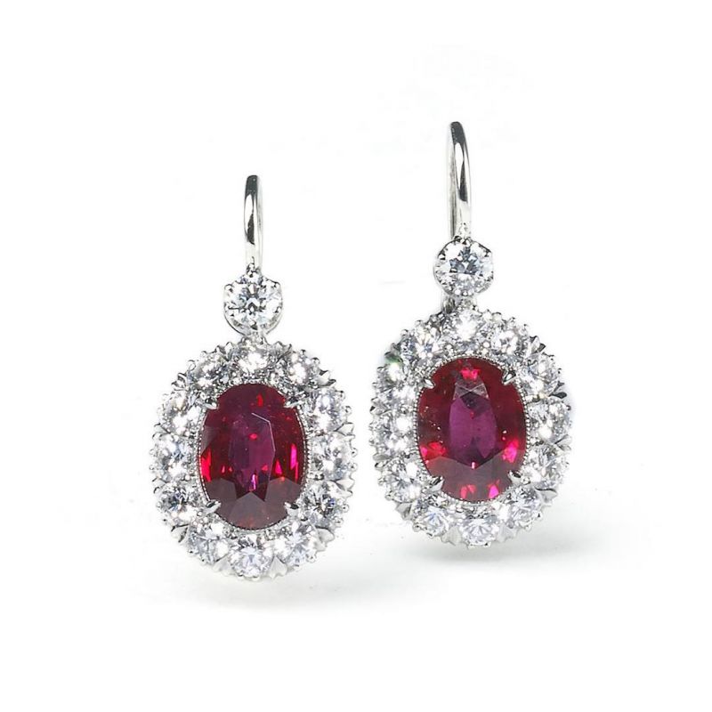 Antique Halo Oval Cut Ruby & White Sapphire Drop Earrings For Women Belovegrace