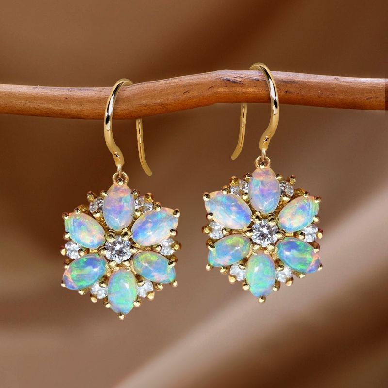 Golden Oval & Round Cut White Sapphire & Opal Drop Earrings For Women Belovegrace
