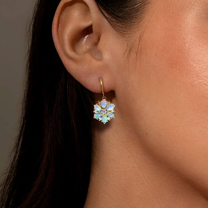 Golden Oval & Round Cut White Sapphire & Opal Drop Earrings For Women Belovegrace