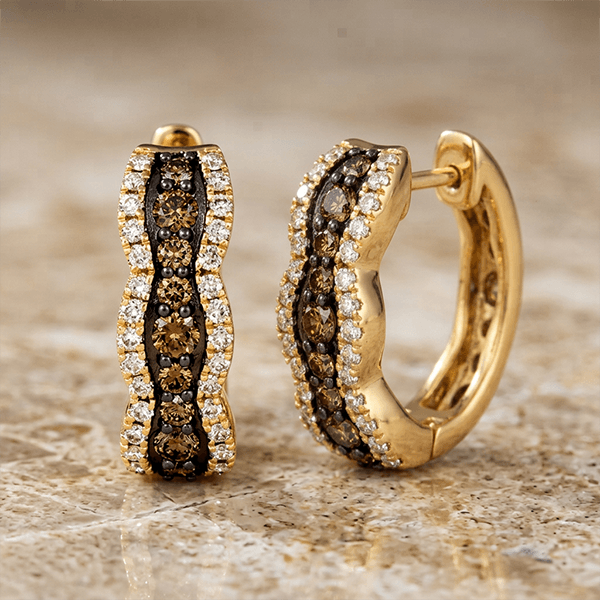 Multi-Row Pavé Brown Sapphire Round Cut Huggie Earrings For Women